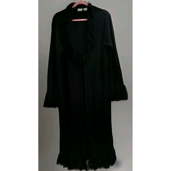 Fiorlini International Black Fringe Long Cardigan Duster Witchy Goth Y2K Vtg Lg - Picture 1 of 14